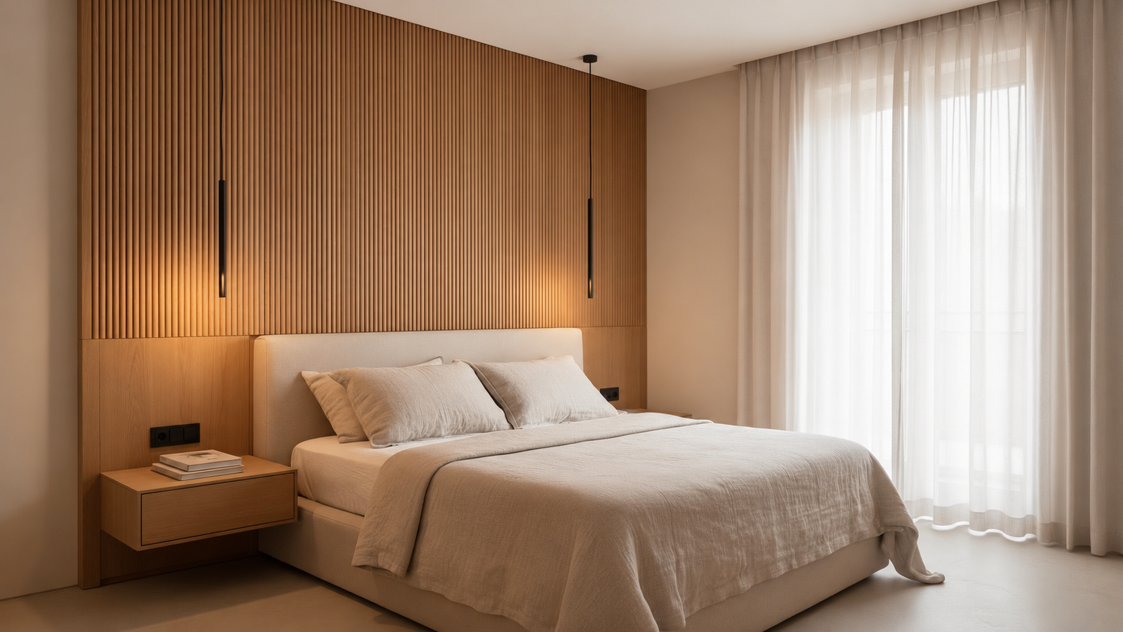 Quarto com cabeceira em carvalho ripado